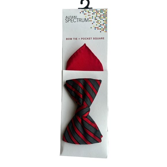 Alfani Spectrum Red And Gray Stripe Bow Tie and Solid Red Pocket Square Set Grey - Picture 1 of 4